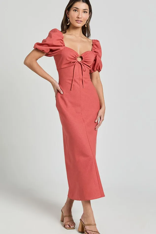 Fabia Midi Dress 8211 Sweetheart Keyhole Linen Blend Dress In Clay Women Showpo Conscious
