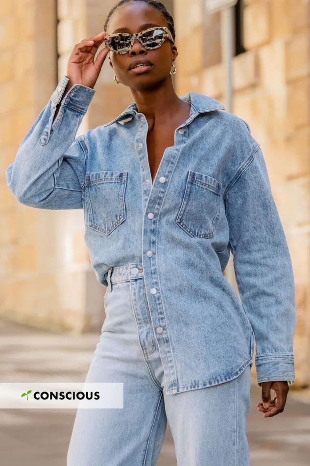 Faharra Shirt 8211 Recycled Cotton Denim Shirt In Mid Blue Acid Wash Women Showpo Curve Clothes