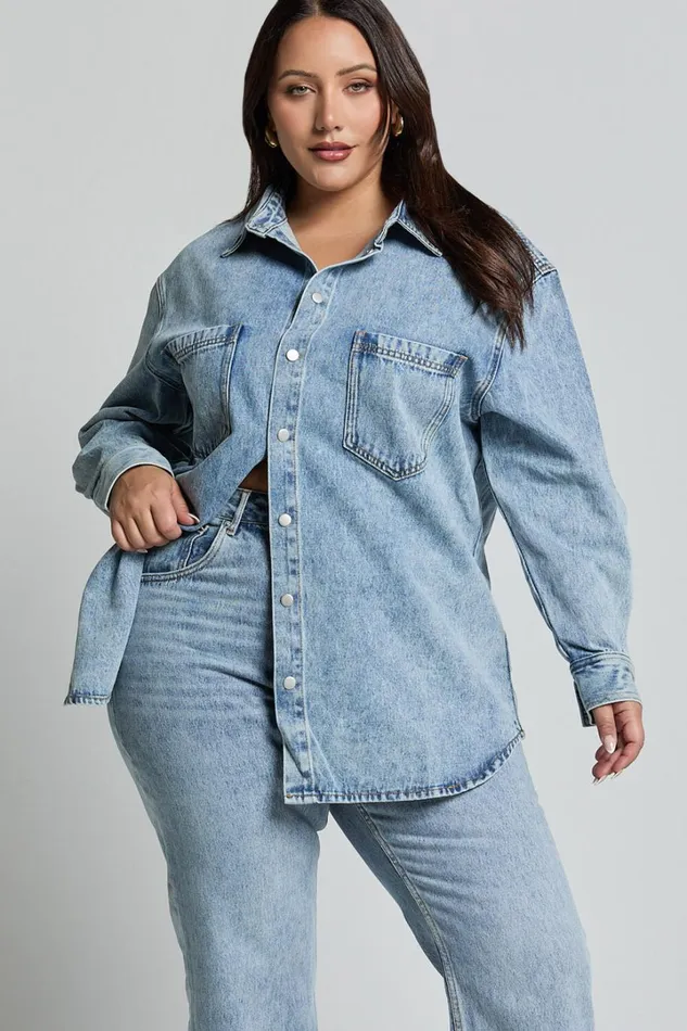 Faharra Shirt 8211 Recycled Cotton Denim Shirt In Mid Blue Acid Wash Women Showpo Curve Clothes