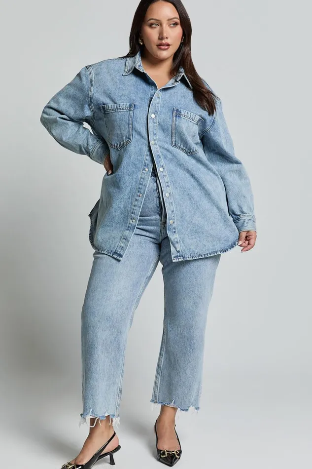 Faharra Shirt 8211 Recycled Cotton Denim Shirt In Mid Blue Acid Wash Women Showpo Curve Clothes