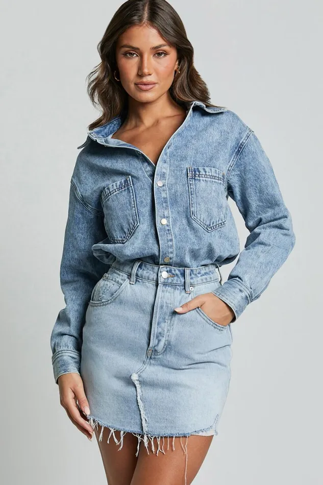Faharra Shirt 8211 Recycled Cotton Denim Shirt In Mid Blue Acid Wash Women Showpo Curve Clothes