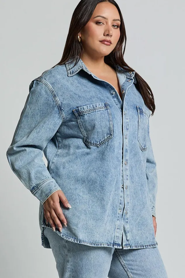 Faharra Shirt 8211 Recycled Cotton Denim Shirt In Mid Blue Acid Wash Women Showpo Curve Clothes