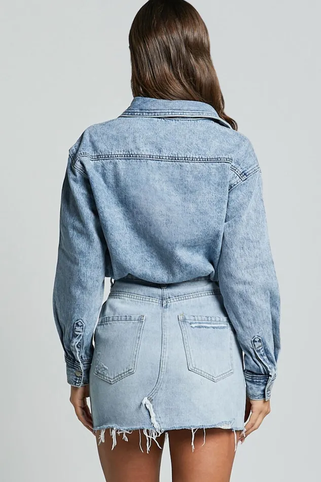 Faharra Shirt 8211 Recycled Cotton Denim Shirt In Mid Blue Acid Wash Women Showpo Curve Clothes