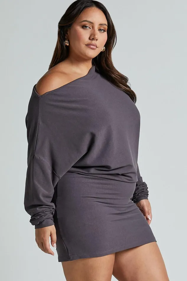 Fermina Mini Dress 8211 Long Sleeve Bodycon Dress In Charcoal Rib Women Showpo Basics