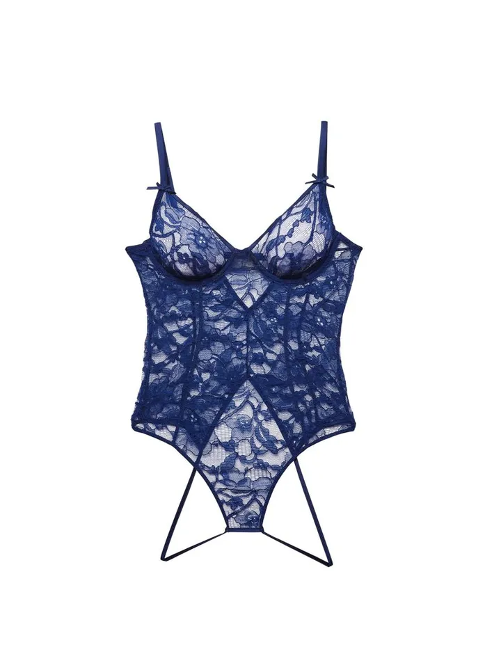 Fleur Du Mal Bodysuits Women Magnolia Lace Ouvert Bodysuit Nighttime Blue Fleur Du Mal Bodysuits Women Magnolia Lace Ouvert Bodysuit Nighttime Blue