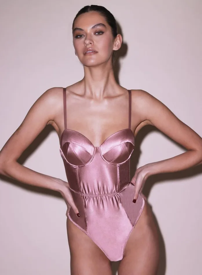 Fleur Du Mal Bridal Women Satin Bullet Bodysuit Rose Pink Fleur Du Mal Bridal Women Satin Bullet Bodysuit Rose Pink