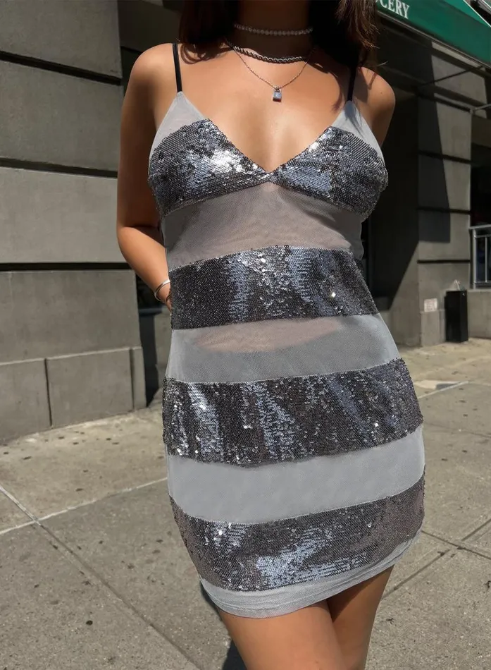 Fleur Du Mal Dresses Women Sequin Stripe Mini Slip Platinum Sequin Stripe Fleur Du Mal Dresses Women Sequin Stripe Mini Slip Platinum Sequin Stripe