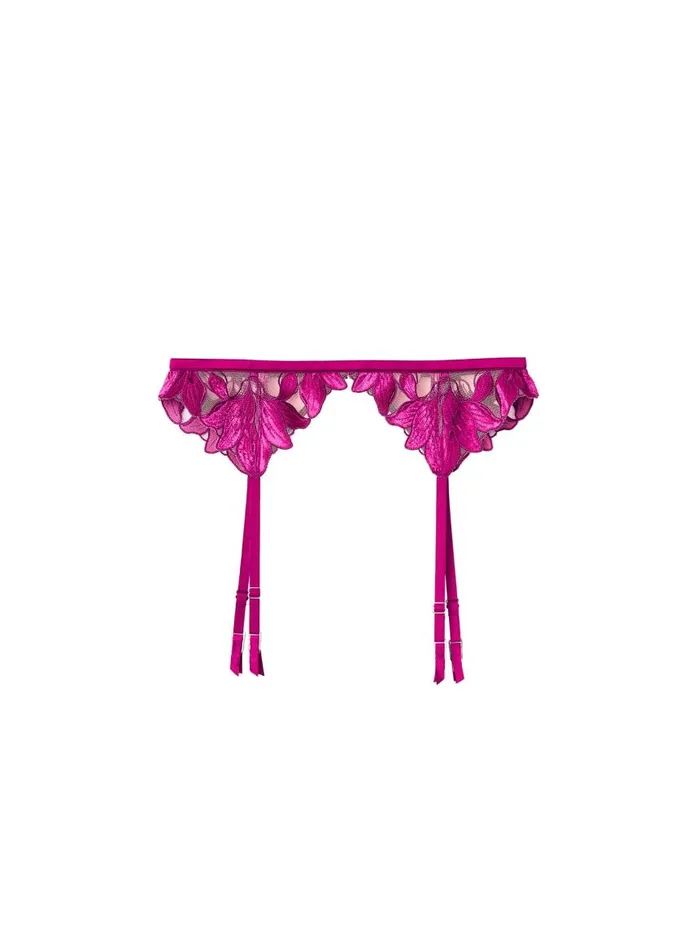 Fleur Du Mal Garters and Belts Women Lily Embroidery Garter Belt Magenta Velvet Fleur Du Mal Garters and Belts Women Lily Embroidery Garter Belt Magenta Velvet