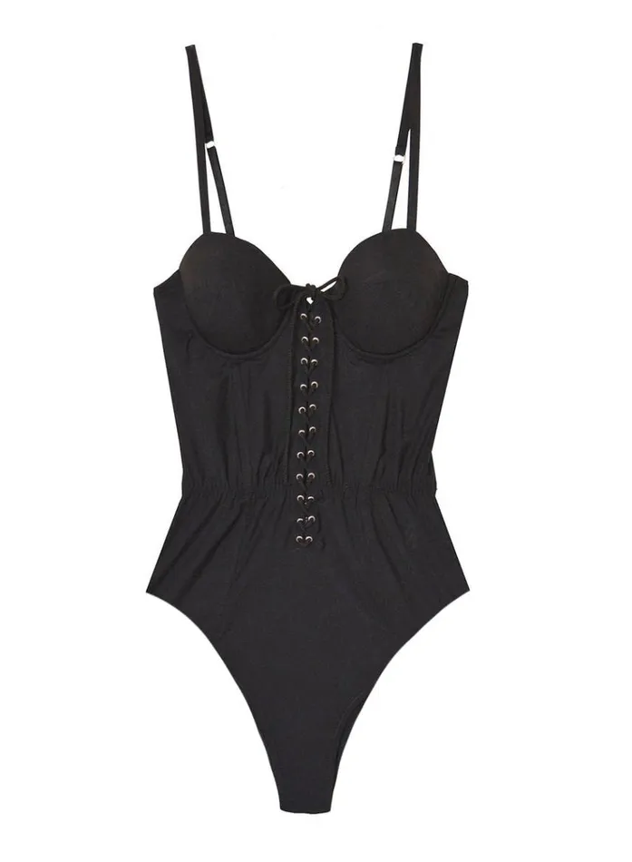 Fleur Du Mal Swim Women High Leg Lacing Bullet One Piece Black Fleur Du Mal Swim Women High Leg Lacing Bullet One Piece Black