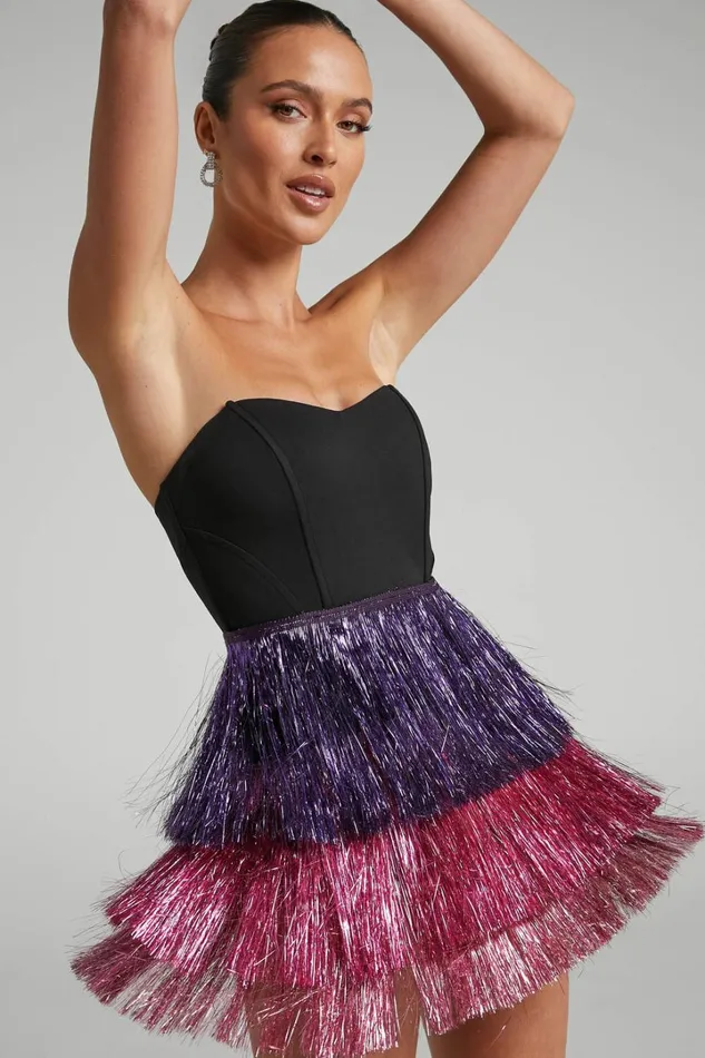 Flossie Mini Dress 8211 Sweetheart Fringe Layered Dress In Black Women Showpo Curve Clothes