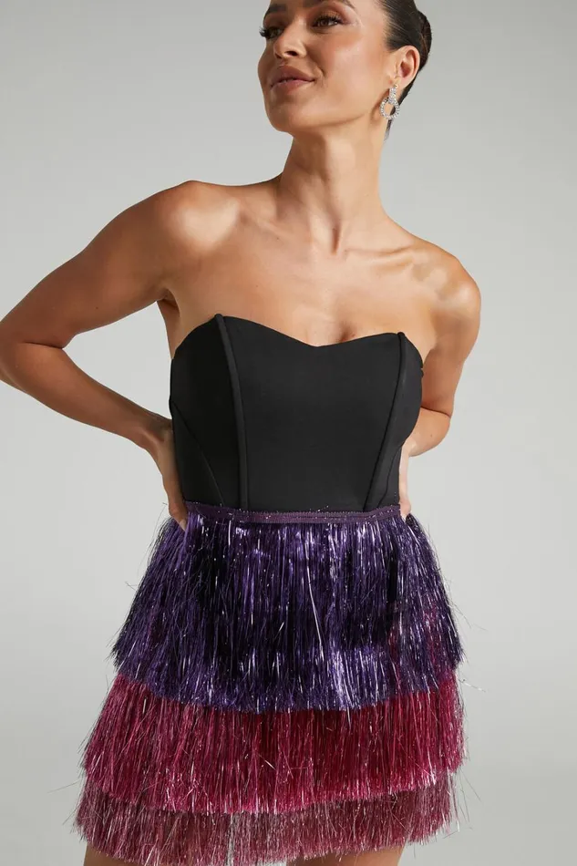 Flossie Mini Dress 8211 Sweetheart Fringe Layered Dress In Black Women Showpo Curve Clothes