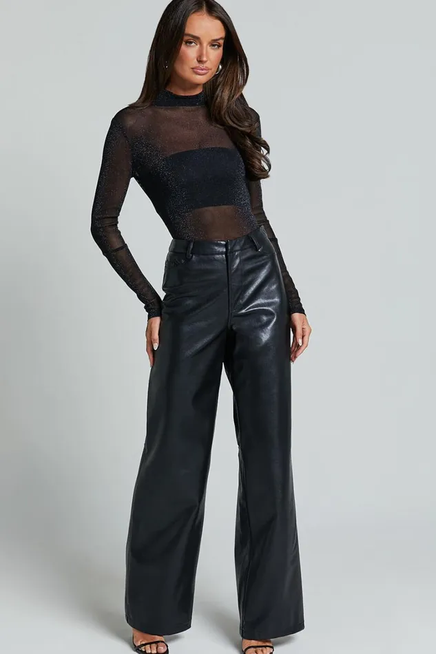 Francesca Bodysuit 8211 Long Sleeve High Neck Glitter Sheer Bodysuit In Black Women Showpo Tops