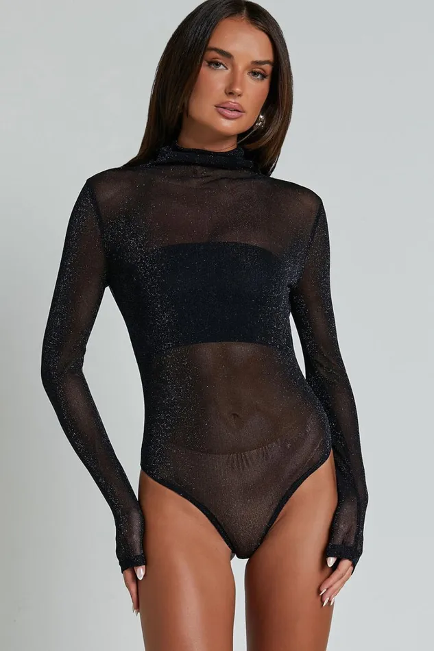 Francesca Bodysuit 8211 Long Sleeve High Neck Glitter Sheer Bodysuit In Black Women Showpo Tops