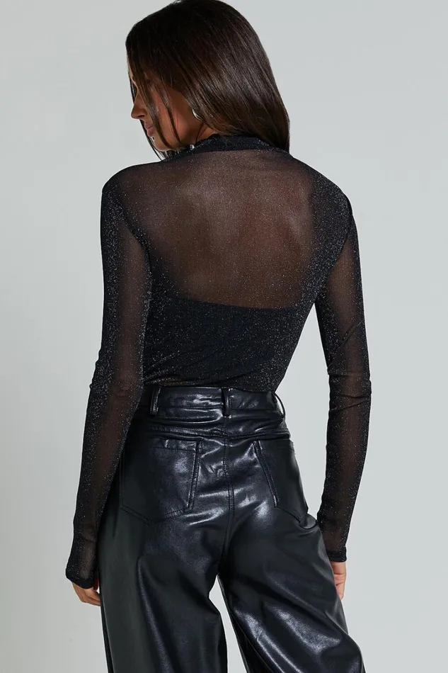 Francesca Bodysuit 8211 Long Sleeve High Neck Glitter Sheer Bodysuit In Black Women Showpo Tops