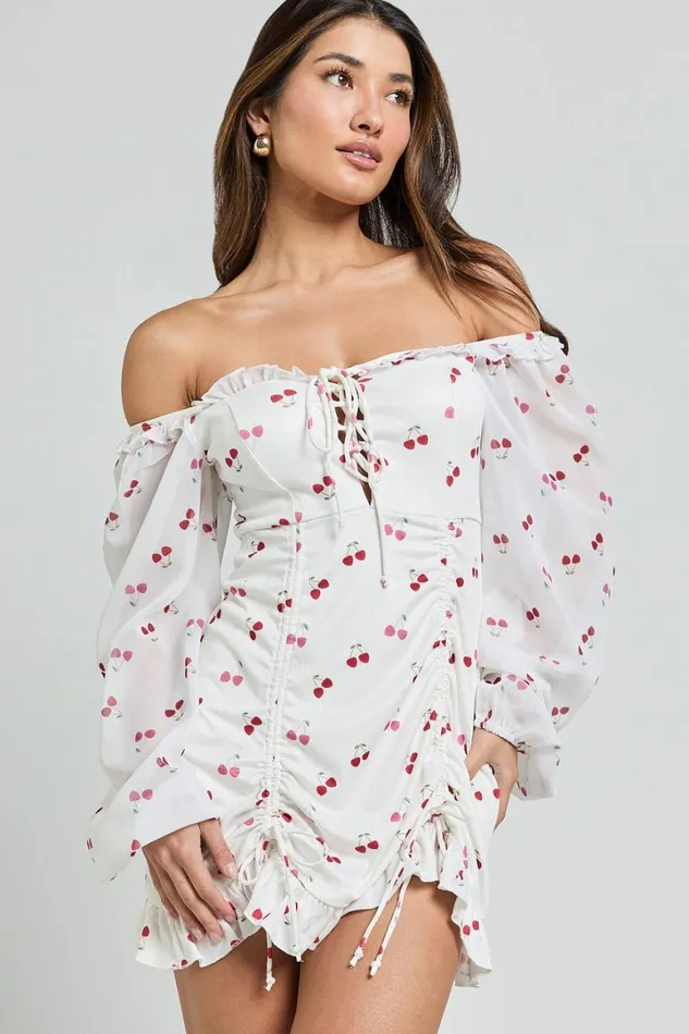 Francia Mini Dress 8211 Long Sleeve Gathered Frill Hem Detail Dress In Cherry Print Women Showpo Dresses Francia Mini Dress 8211 Long Sleeve Gathered Frill Hem Detail Dress In Cherry Print Women Showpo Dresses