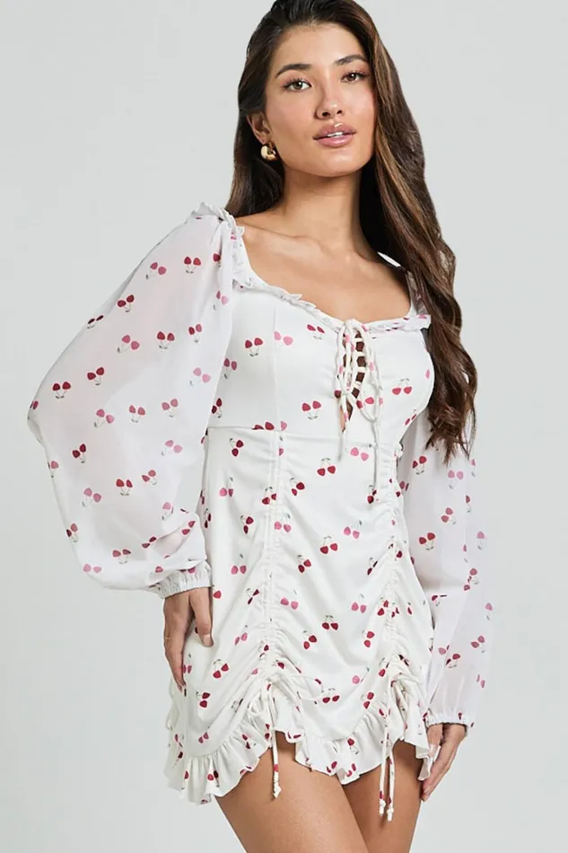 Francia Mini Dress 8211 Long Sleeve Gathered Frill Hem Detail Dress In Cherry Print Women Showpo Dresses