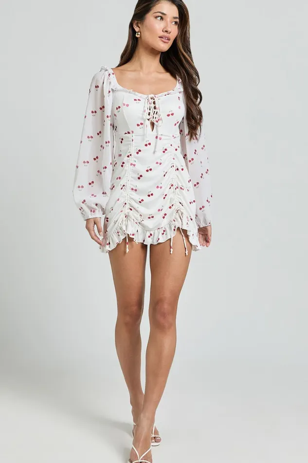 Francia Mini Dress 8211 Long Sleeve Gathered Frill Hem Detail Dress In Cherry Print Women Showpo Dresses