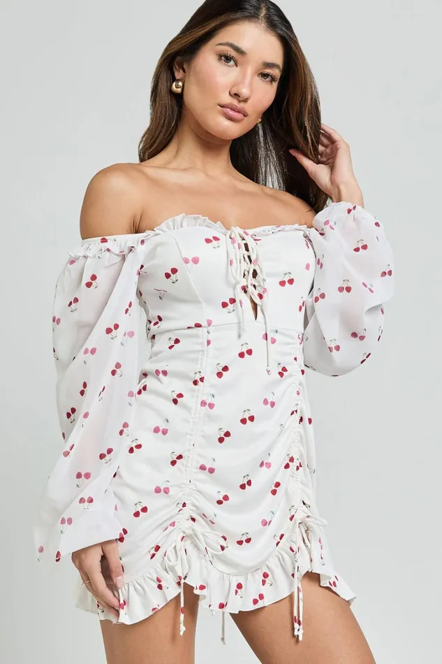 Francia Mini Dress 8211 Long Sleeve Gathered Frill Hem Detail Dress In Cherry Print Women Showpo Dresses