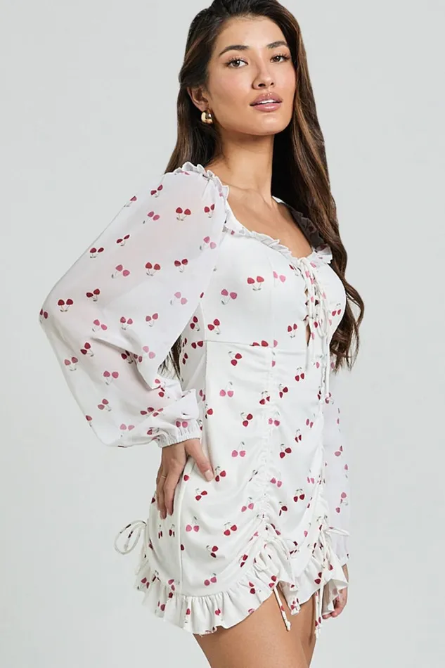 Francia Mini Dress 8211 Long Sleeve Gathered Frill Hem Detail Dress In Cherry Print Women Showpo Dresses