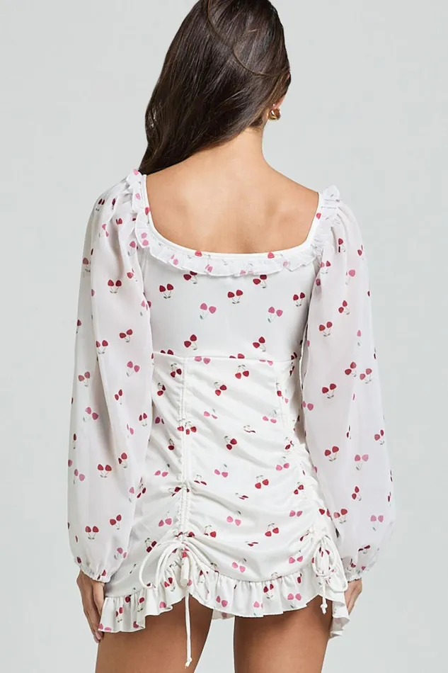Francia Mini Dress 8211 Long Sleeve Gathered Frill Hem Detail Dress In Cherry Print Women Showpo Dresses