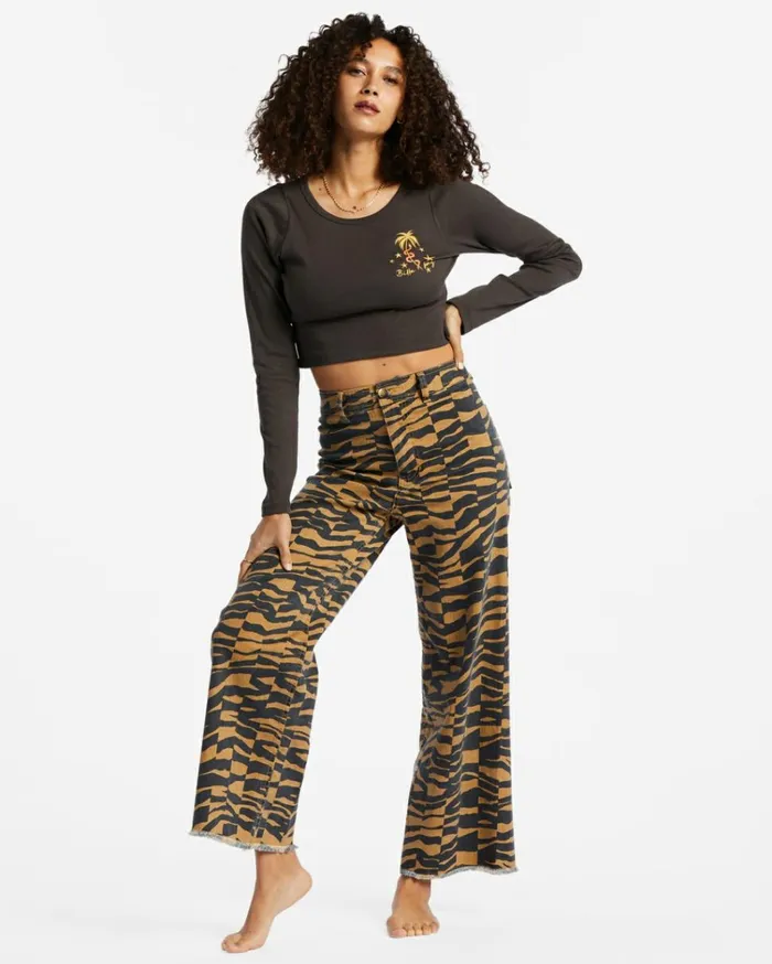 Free Fall Print Wide Leg Pants Cosmic Khaki Women Billabong Denim