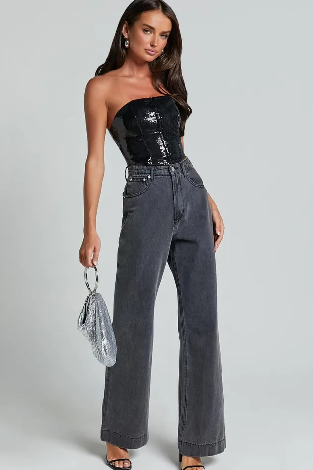 Gabbie Top 8211 Hook And Eye Detail Sequin Corset Top In Black Women Showpo Tops