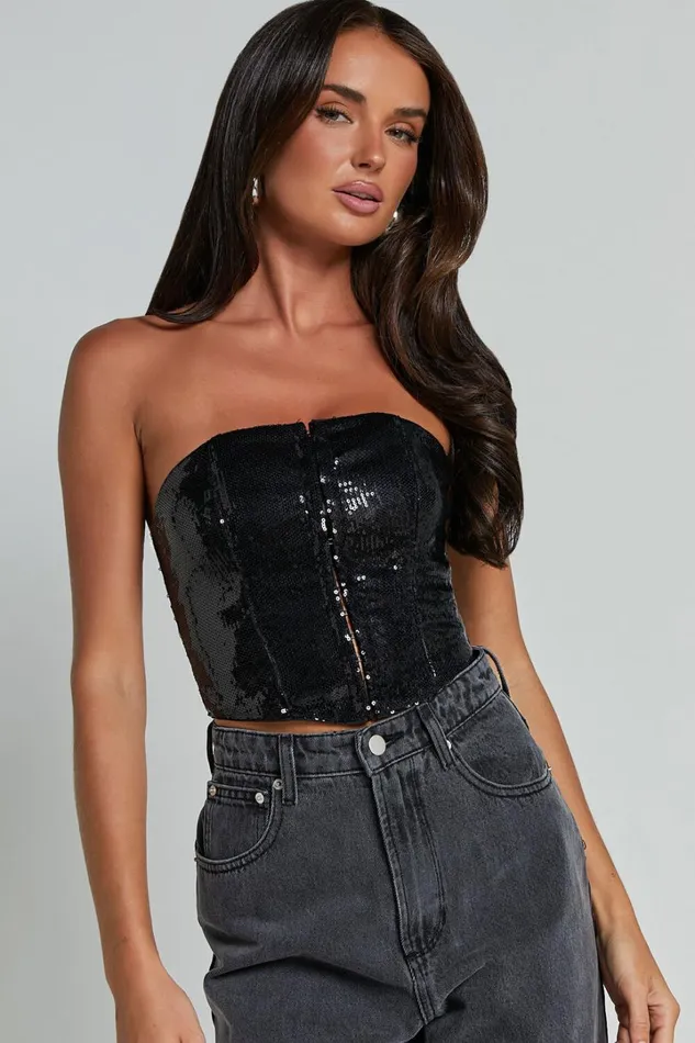Gabbie Top 8211 Hook And Eye Detail Sequin Corset Top In Black Women Showpo Tops