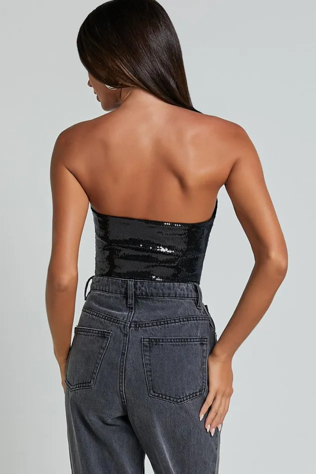 Gabbie Top 8211 Hook And Eye Detail Sequin Corset Top In Black Women Showpo Tops