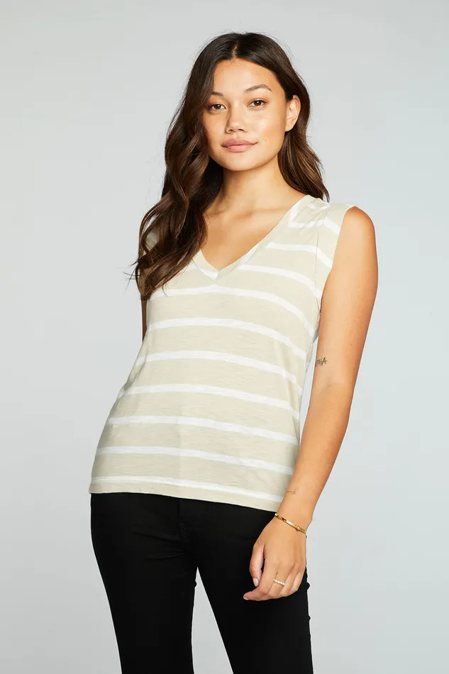 Gauze Jersey Rolled Armhole V Neck Muscle Tank Womens Tops Chaser Brand