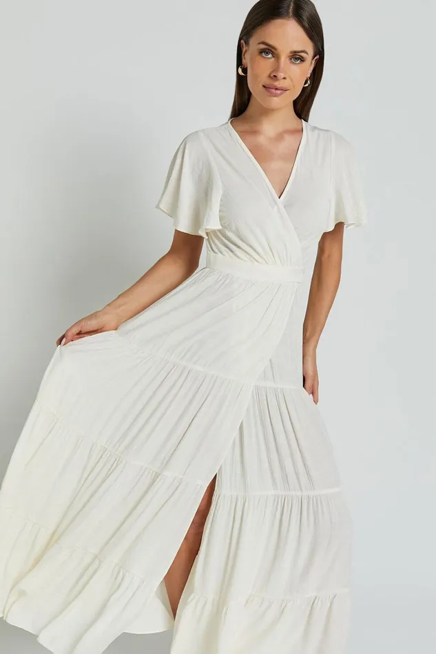Geneva Midi Dress 8211 Short Flutter Sleeve Wrap Dress In Off White Women Showpo Dresses