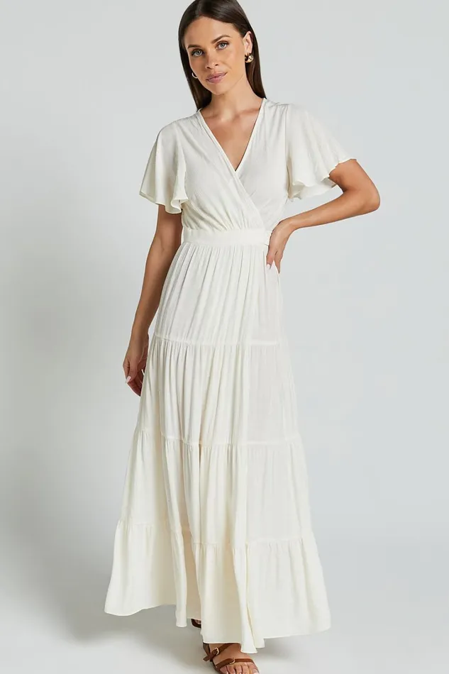 Geneva Midi Dress 8211 Short Flutter Sleeve Wrap Dress In Off White Women Showpo Dresses