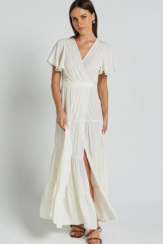 Geneva Midi Dress 8211 Short Flutter Sleeve Wrap Dress In Off White Women Showpo Dresses