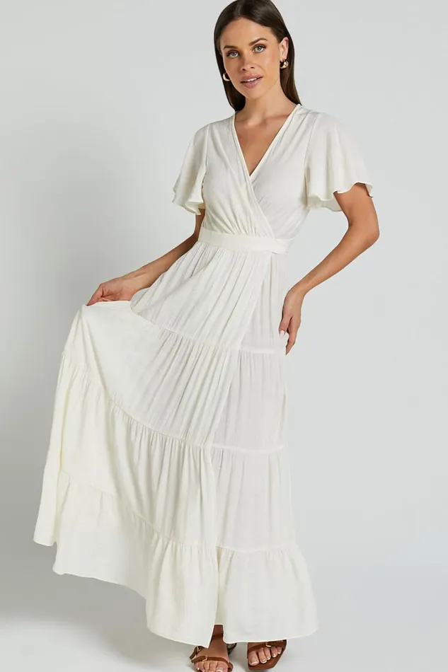 Geneva Midi Dress 8211 Short Flutter Sleeve Wrap Dress In Off White Women Showpo Dresses