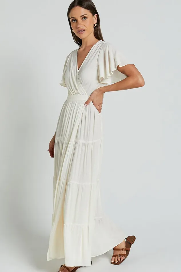 Geneva Midi Dress 8211 Short Flutter Sleeve Wrap Dress In Off White Women Showpo Dresses