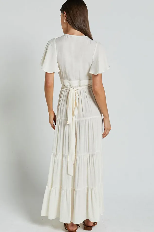 Geneva Midi Dress 8211 Short Flutter Sleeve Wrap Dress In Off White Women Showpo Dresses