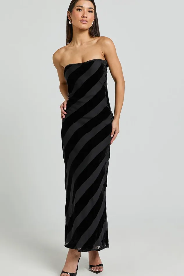 Genevieve Midi Dress 8211 Strapless Stripe Burnout Dress In Black Stripe Women Showpo Curve Clothes