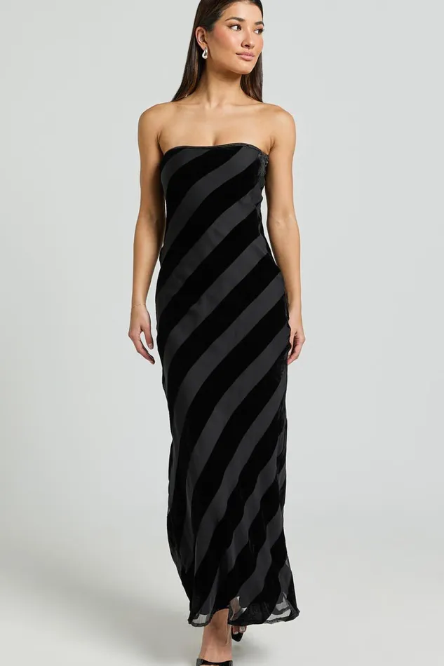 Genevieve Midi Dress 8211 Strapless Stripe Burnout Dress In Black Stripe Women Showpo Curve Clothes