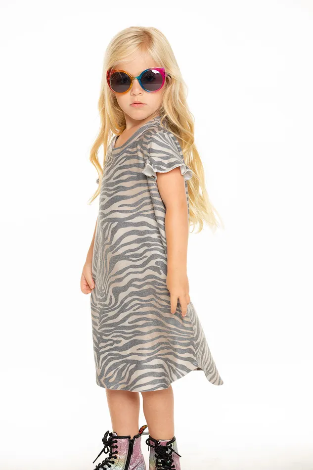 Girls Chaser Brand Cozy Knit Ruffle Short Sleeve Shirttail Mini Dress in Zebra Stripe Dresses and Skirts