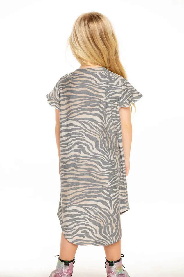 Girls Chaser Brand Cozy Knit Ruffle Short Sleeve Shirttail Mini Dress in Zebra Stripe Dresses and Skirts