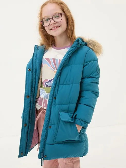Girls Fatface Coats and Jackets Lily Dark Teal Blue Longline Padded Coat