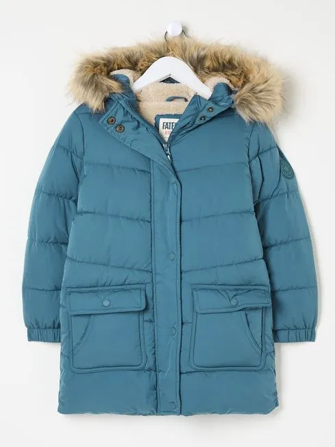 Girls Fatface Coats and Jackets Lily Dark Teal Blue Longline Padded Coat