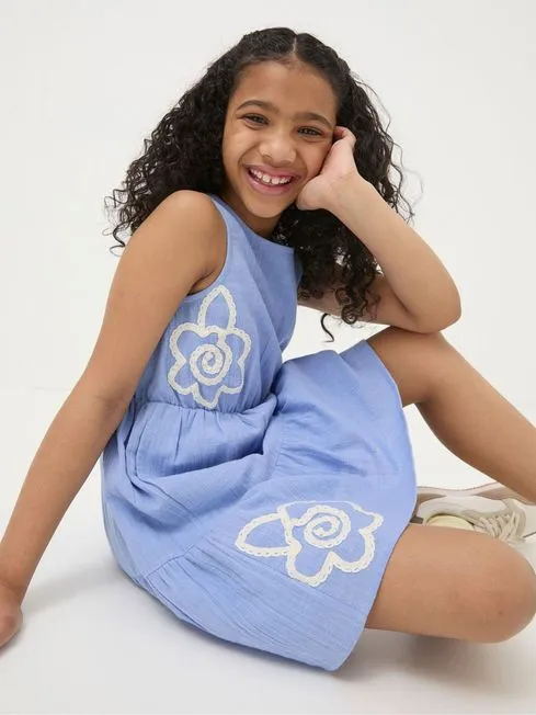 Girls Fatface Dresses Blue Embroidered Tiered Dress