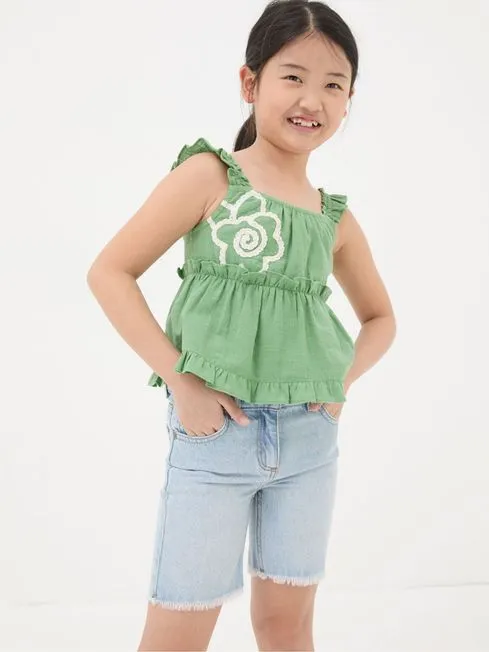 Girls Fatface Tops and TShirts Green Floral Embroidered Cami Top