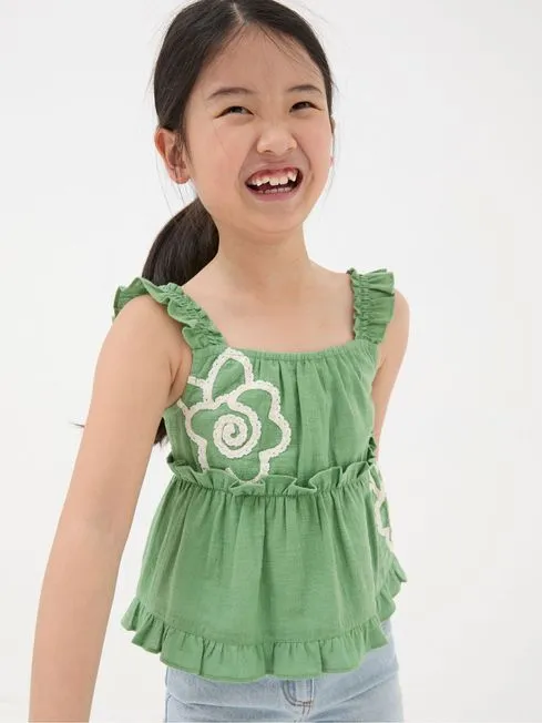 Girls Fatface Tops and TShirts Green Floral Embroidered Cami Top Girls Fatface Tops and TShirts Green Floral Embroidered Cami Top