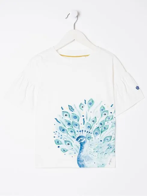 Girls Fatface Tops and TShirts White Peacock Graphic TShirt