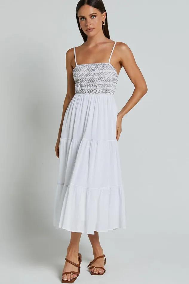 Gloria Midi Dress 8211 Strappy Straight Neck Tiered Dress In White Women Showpo Dresses Gloria Midi Dress 8211 Strappy Straight Neck Tiered Dress In White Women Showpo Dresses