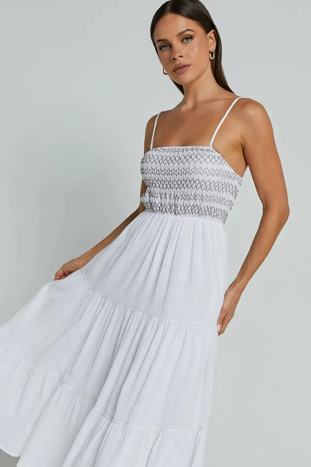 Gloria Midi Dress 8211 Strappy Straight Neck Tiered Dress In White Women Showpo Dresses