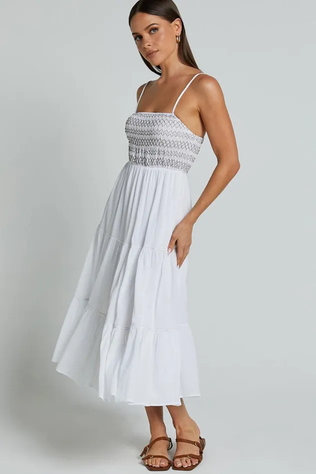 Gloria Midi Dress 8211 Strappy Straight Neck Tiered Dress In White Women Showpo Dresses