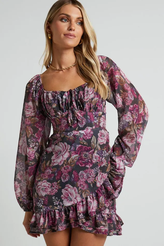 Grizela Mini Dress 8211 Gathered Bust Long Sleeve Dres In Harvest Floral Women Showpo Curve Clothes Grizela Mini Dress 8211 Gathered Bust Long Sleeve Dres In Harvest Floral Women Showpo Curve Clothes