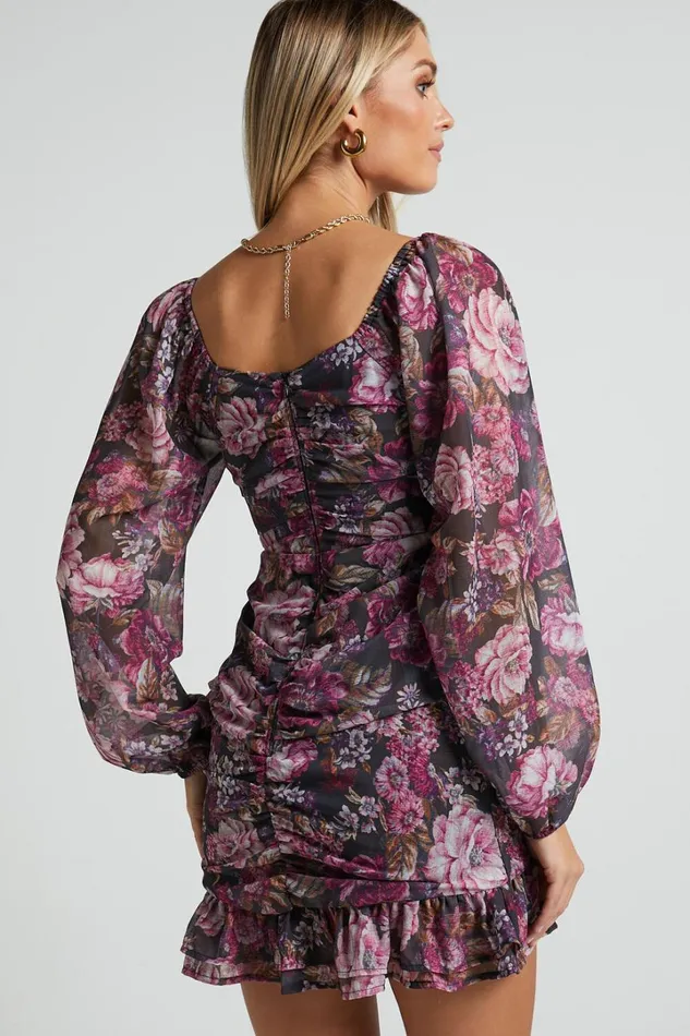 Grizela Mini Dress 8211 Gathered Bust Long Sleeve Dres In Harvest Floral Women Showpo Curve Clothes